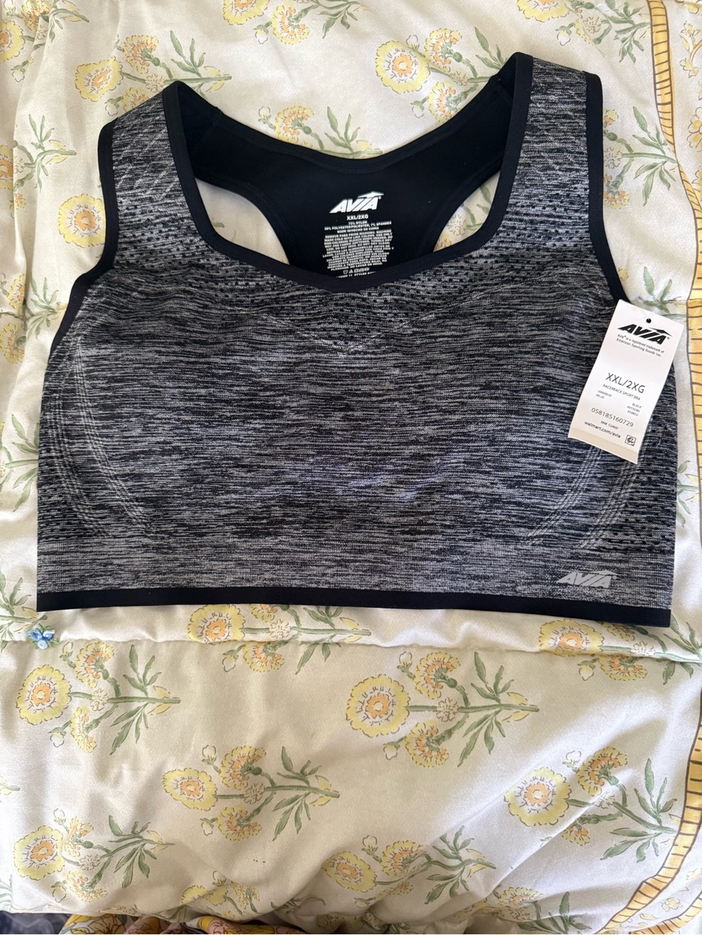 Avia BRA Sports Bra racer Back Adjustable XXL  Wide Strap Gray Tank Bra NWT